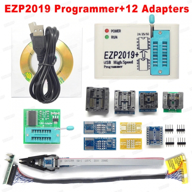 EZP2019 Programmer + 12 Adapters Программатор EZP2019 для программирования 24 EEPROM, 25 FLASH, 25 EEPROM, 93 EEPROM